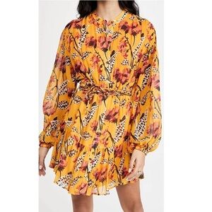 A.L.C. Yellow Floral Silk Jen Mini Dress Long Sleeve Belted Shirtdress Size XS S